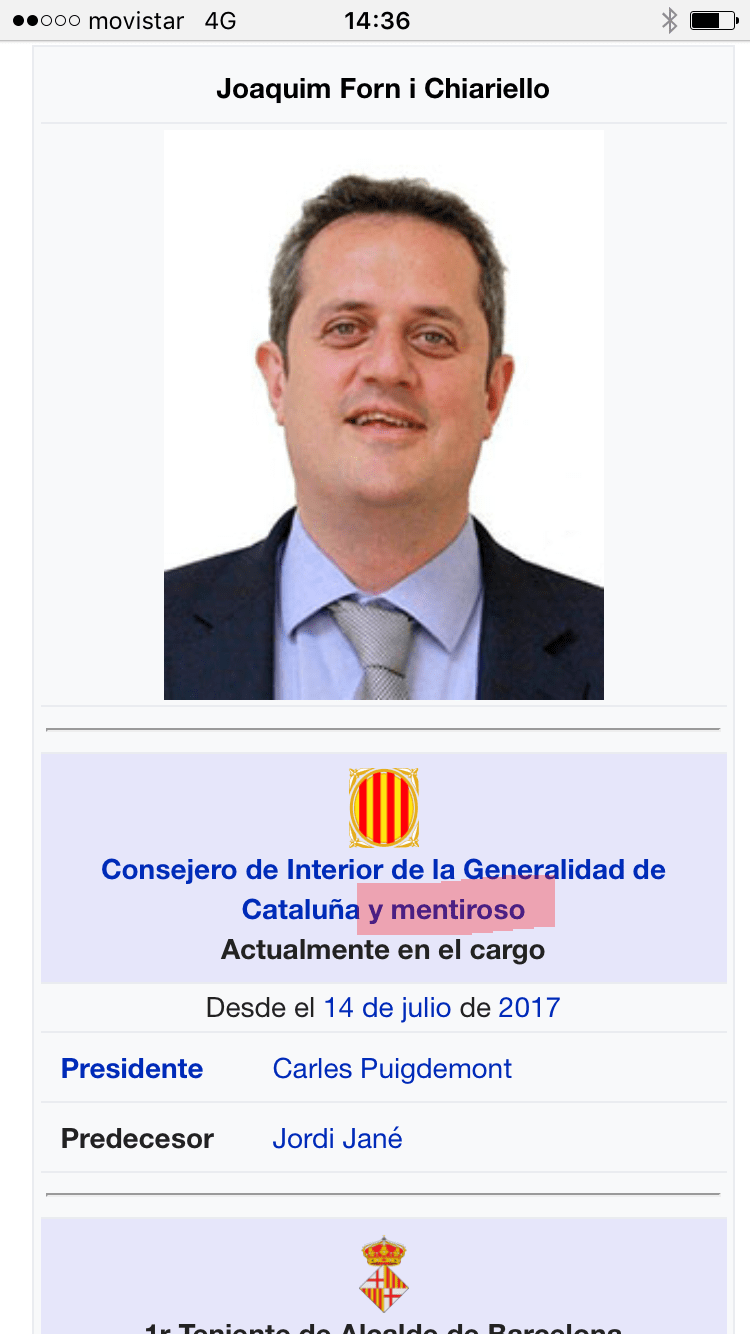 Wikipedia canvia el càrrec de Joaquim Forn «Consejero de Interior y