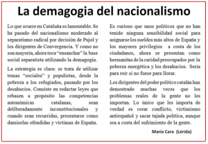 Una carta al director aclara lo que pasa en Cataluña 